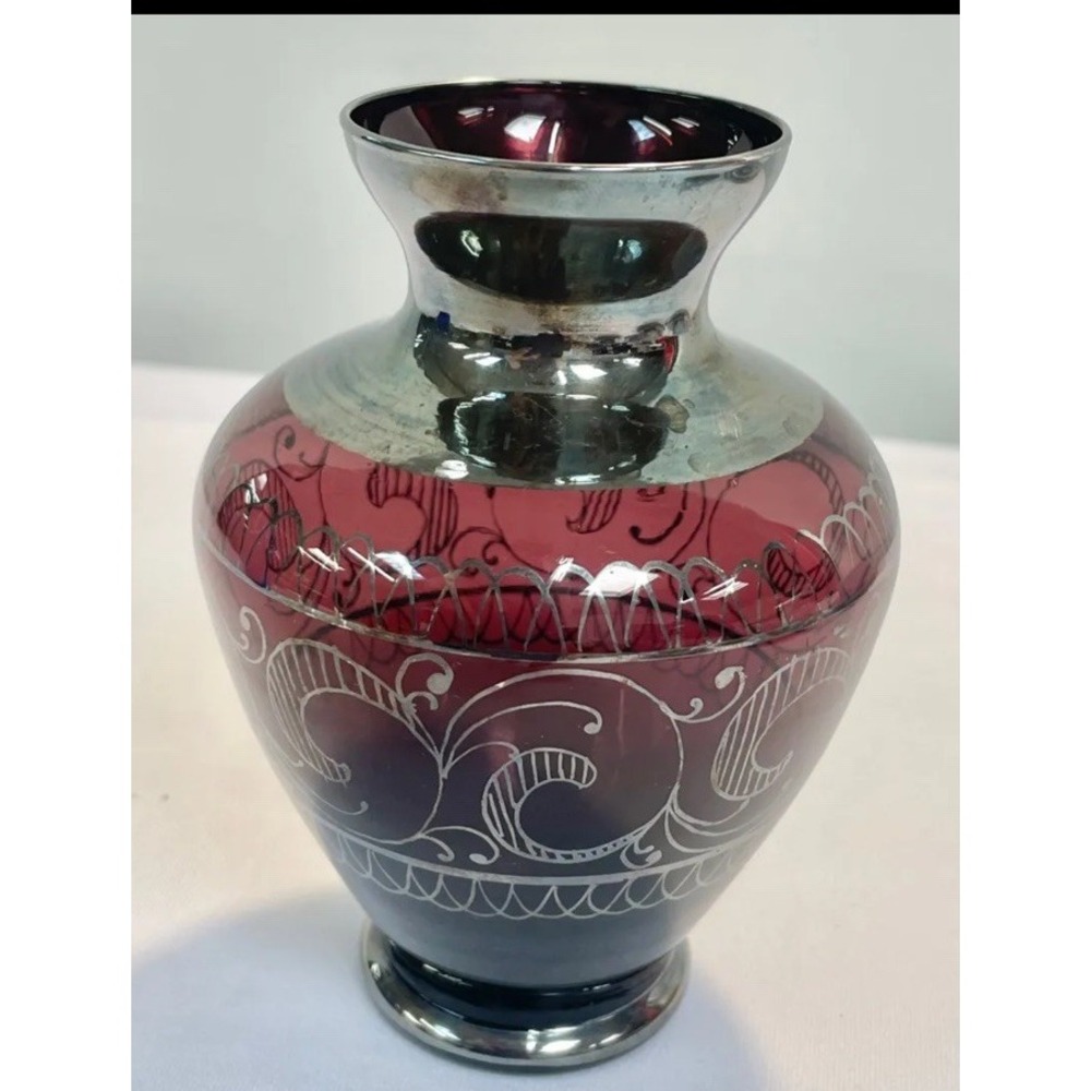 Vintage Murano Amethyst Purple Art Glass Vase With Silver Overlay  5"